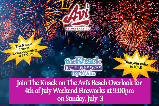 Join The Knack on The Avi's Beach Overlook for 4th of July Weekend Fireworks at 9:00pm on Sunday, July 3rd